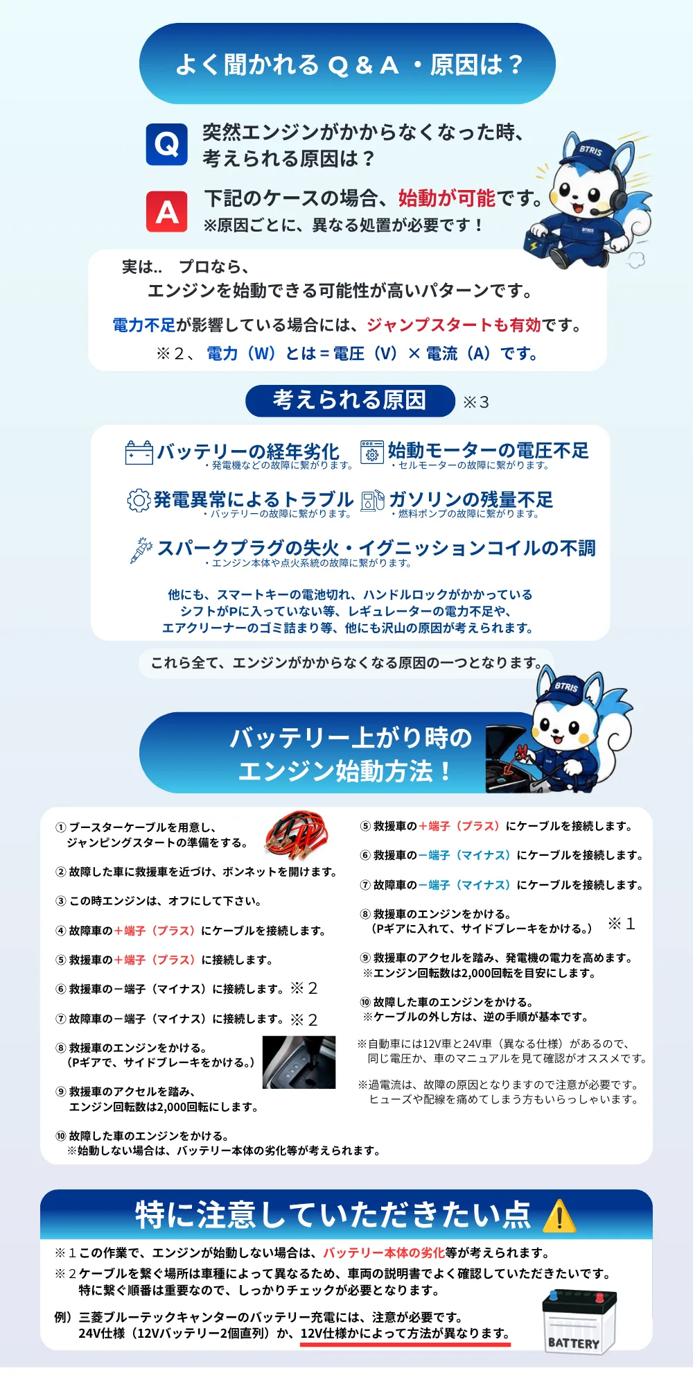 よく聞かれるQ&A・原因は？／考えられる原因／バッテリー上がり時のエンジン始動方法／特に注意していただきたい点